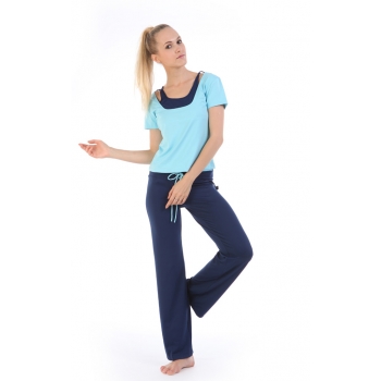 Yoga Casual sportswear 2sets(Large U-Neck fake 2pcs short sleeve T-Shirt+ Drawstring bell Long pants)